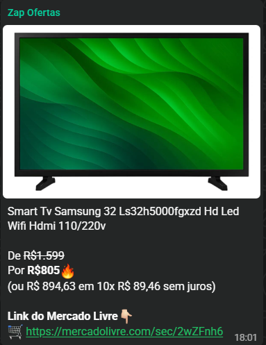 Print de oferta publicada no grupo